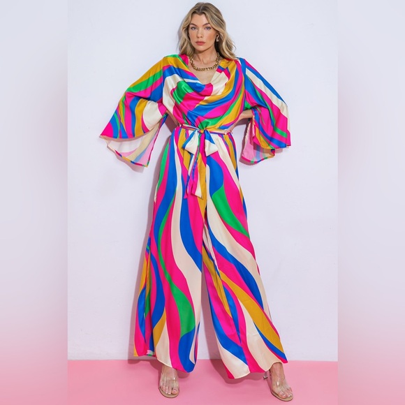 Flying Tomato Pants - Flying Tomato Multicolor Wave-Print Wide-Leg Jumpsuit